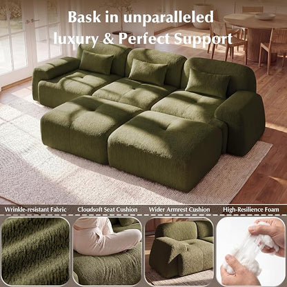 118'' Modular Sectional Cloud Couch Boneless Couches, Oversize Curved Sectional Couches for Living Room, Deep Seat Couch Lambswool Sofa with Ottoman & Throw Pillows, No Assembly, HR Foam