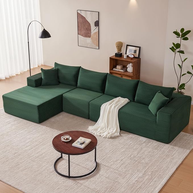Mangodan 140” Cloud Sectional Couch, Modular Sectional Sofa with Deep Seat, Boneless Sofa for Living Room, Fluffy Comfy L-Shaped Couch with Left Facing Chaise, No Assembly Required, Green
