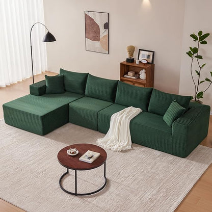 Mangodan 140” Cloud Sectional Couch, Modular Sectional Sofa with Deep Seat, Boneless Sofa for Living Room, Fluffy Comfy L-Shaped Couch with Left Facing Chaise, No Assembly Required, Green