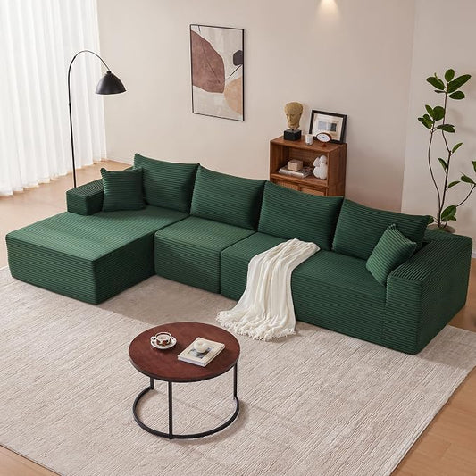 Mangodan 140” Cloud Sectional Couch, Modular Sectional Sofa with Deep Seat, Boneless Sofa for Living Room, Fluffy Comfy L-Shaped Couch with Left Facing Chaise, No Assembly Required, Green