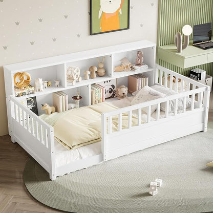 Bellemave Twin Size Montessori Floor Bed with Bookcase, Twin Floor Bed with Rails and Storage Shelves, Easy Assemble Montessori Beds Frame for Girls, Boys, White