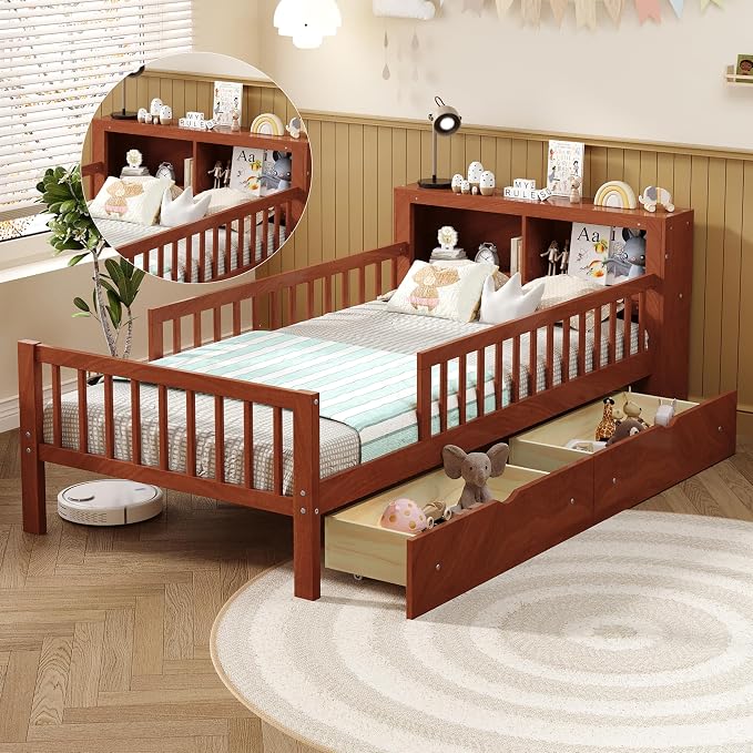 Kids Twin Size Bed Frame with Storage Drawers and Bookcase,Wood Twin Bed Frames for Kids,Twin Bed Frame with Headboard and Footboard for Boys Girls,No Box Spring Needed,Walnut