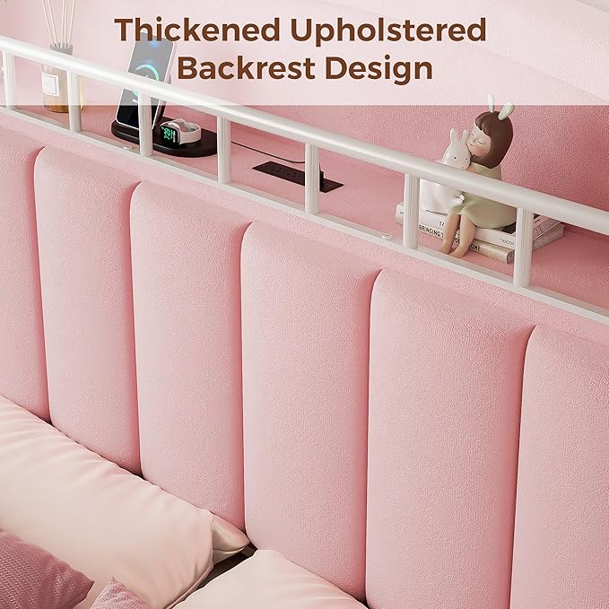 Queen LED Bed Frame with Storage Headboard & 2 Storage Drawers, Princess Velvet Upholstered Bed with Vertical Tufted Headboard Design for Girls, USB & Type-C Charging Ports, Wooden Slats Support, Pink