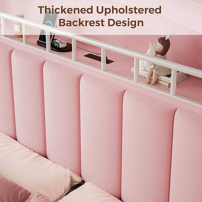 Queen LED Bed Frame with Storage Headboard & 2 Storage Drawers, Princess Velvet Upholstered Bed with Vertical Tufted Headboard Design for Girls, USB & Type-C Charging Ports, Wooden Slats Support, Pink
