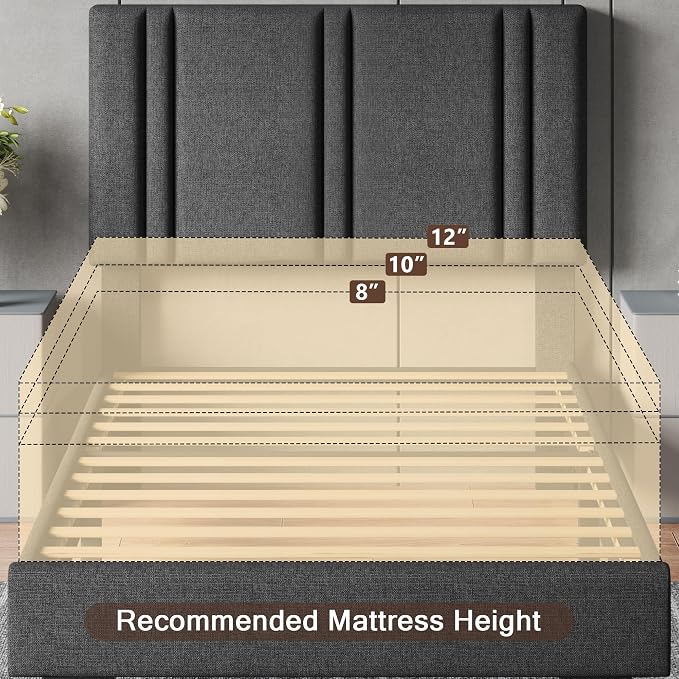 Einhomn Upholstered Twin Size Bed Frame with Linen Fabric Headboard, Strong Wooden Slats Support, Noise Free, No Box Spring Needed, Dark Grey