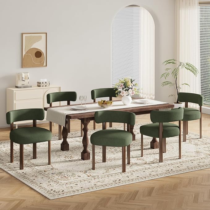 Wooden Dining Chairs Set of 6, Upholstered Kitchen Chairs with Solid Wood Legs, Mid Century Dining Room Chair with Ergonomic Curved Backrest for Kitchen Dining Vanity, Green