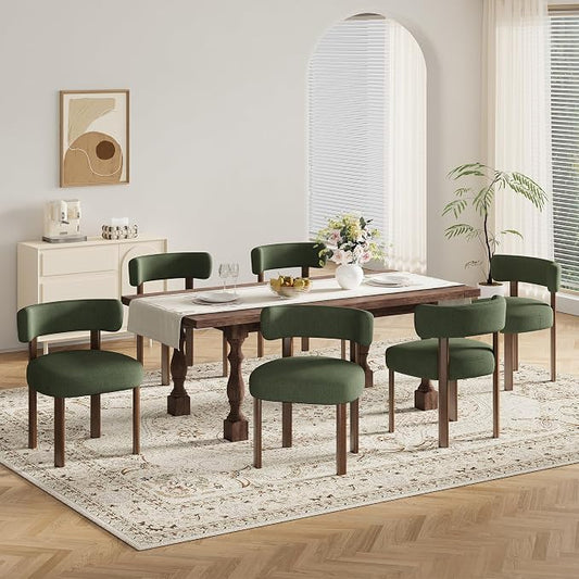 Wooden Dining Chairs Set of 6, Upholstered Kitchen Chairs with Solid Wood Legs, Mid Century Dining Room Chair with Ergonomic Curved Backrest for Kitchen Dining Vanity, Green
