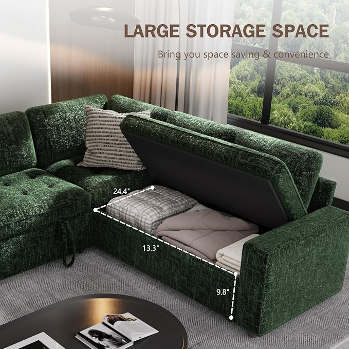 Sunny Heart Modular Sectional Sleeper Sofa with Pull Out Bed, Chenille L Shaped Sectional Sofa with USB Ports/Adjustable Backrest/Storage Seats, Tool-Free Assembly, Couches for Living Room Green