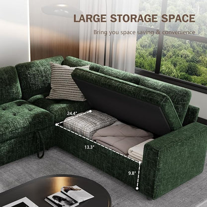 Sunny Heart Modular Sectional Sleeper Sofa with Pull Out Bed, Chenille L Shaped Sectional Sofa with USB Ports/Adjustable Backrest/Storage Seats, Tool-Free Assembly, Couches for Living Room Green