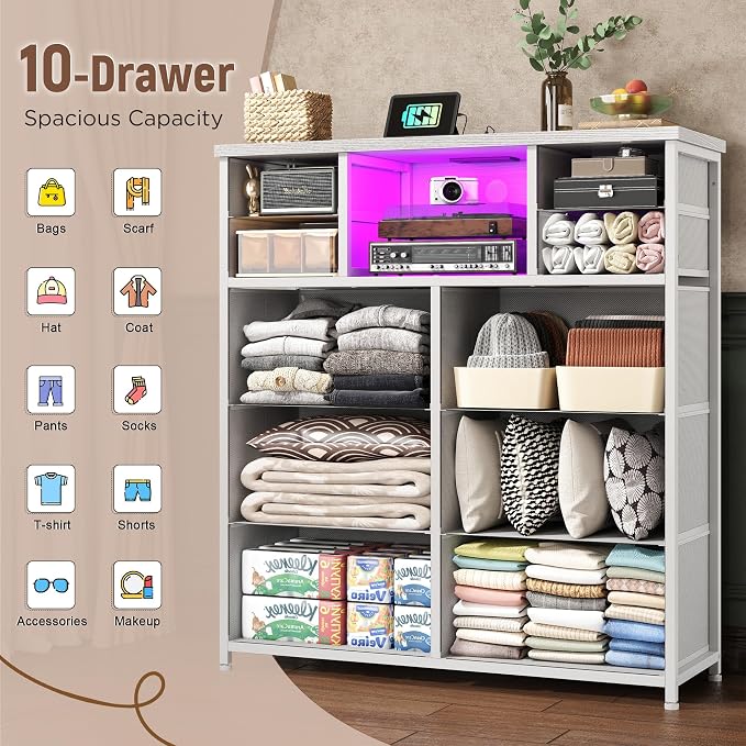 Romorgniz White Dresser for Bedroom with LED Lights & Power Outlets 2 AC & 2 USB, Fabric 10 Drawer Dressers & Chest of Drawers with Open Shelves for Hallway Living Room Closet, Metal Frame, Wood Top