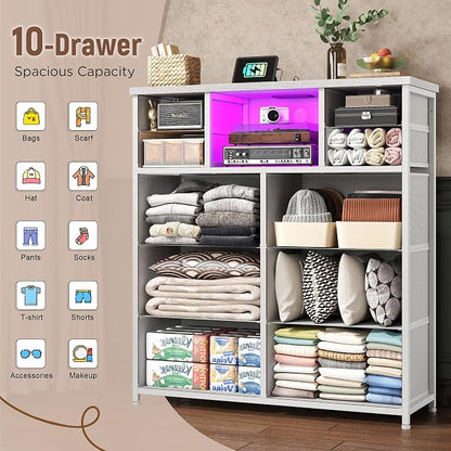 Romorgniz White Dresser for Bedroom with LED Lights & Power Outlets 2 AC & 2 USB, Fabric 10 Drawer Dressers & Chest of Drawers with Open Shelves for Hallway Living Room Closet, Metal Frame, Wood Top