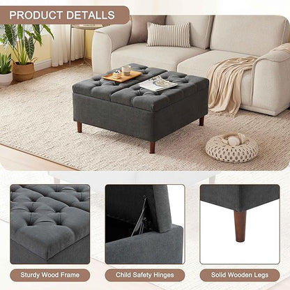 Weture 35 Inch Extra Large Storage Ottoman Coffee Table, No Assembly Required, Oversized Square Ottoman with Storage, Tufted Upholstered Ottomans Coffee Table for Living Room (Fabric, Dark Grey)