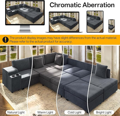 KEIKI 110" L-Shaped Oversized Plush Corduroy Modular Sectional Sofa with Pull-Out Bed, Convertible 6-Seater Sleeper Couch Bed with 1 Ottomans & USB & Cup Holders, Easy Assembly, for Living Room, Gray