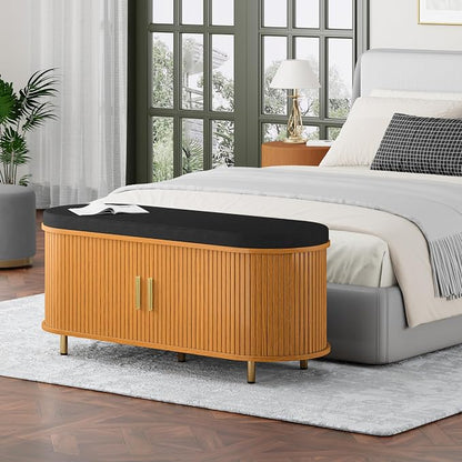 DHH 2-Tier Storage Bench,Wide Shoe Bench with Thickened Padded Seat Cushion, Mid Century Modern Fluted Sliding Door and Adjustable Shelf, for Entryway, Living Room, Bedroom (Yellow Walnut, 43.3“)
