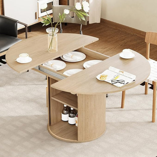 weselon 43"-59" Extendable Round to Oval Dining Table with Hidden Storage, Modern Wooden Kitchen Table with Fluted Sliding Door Cabinet, Expandable Dinner Table for Dining Room Living Room (Natural)