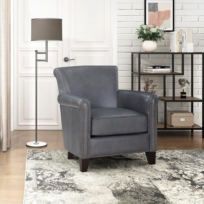 Lexicon 100% Top Grain Genuine Leather Chair, Leather Accent Chairs for Living Room, Solid Wood Frame, Rolled Armrest & Nailhead Trim, Comfy Reading for Bedroom, Office, Waiting Room, Burnish Gray