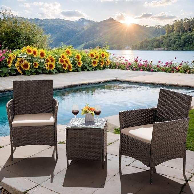 Flamaker Patio Furniture Set 3 Pieces All-Weather Rattan Outdoor Furniture Patio Chairs with Tempered Glass Table for Porch Bistro Balcony (Brown/Cream)