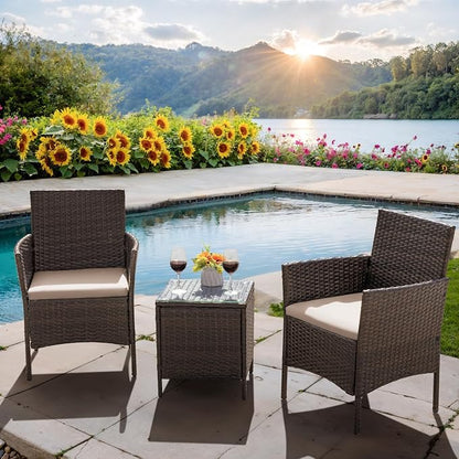 Flamaker Patio Furniture Set 3 Pieces All-Weather Rattan Outdoor Furniture Patio Chairs with Tempered Glass Table for Porch Bistro Balcony (Brown/Cream)