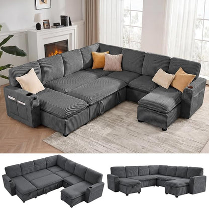 Oversized Sectional Sleeper Sofa with Pull Out Bed, Plush Corduroy 9 Seat Modular Sofa with Storage Chaise and Adjustable Backrest, Cloud Couches for Living Room, Apartment, Light Grey