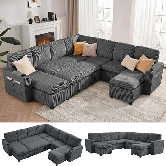 Oversized Sectional Sleeper Sofa with Pull Out Bed, Plush Corduroy 9 Seat Modular Sofa with Storage Chaise and Adjustable Backrest, Cloud Couches for Living Room, Apartment, Light Grey