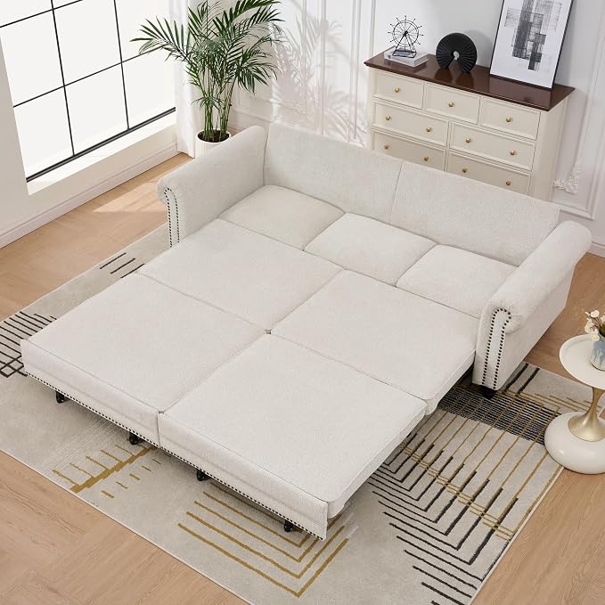 KEIKI 3 in 1 Classic Modern Convertible Sofa Bed King Size Pull Out Sleeper with Rolled Arm Nailhead Trim, Chenille Fabric Sturdy Frame 600 lbs Capacity for Living Room Apartment Office, Green
