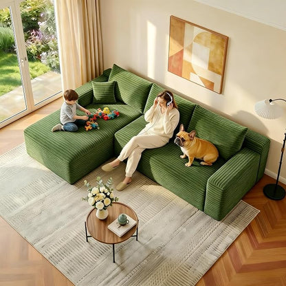 JINGLING 94" L Shape Couch with Left Chaise, Memory Foam Boneless Sectional Sofa in a Box, No Assembly Modular Small Couches for Small Spaces, Living Room, Apartments, Plush Corduroy, Green