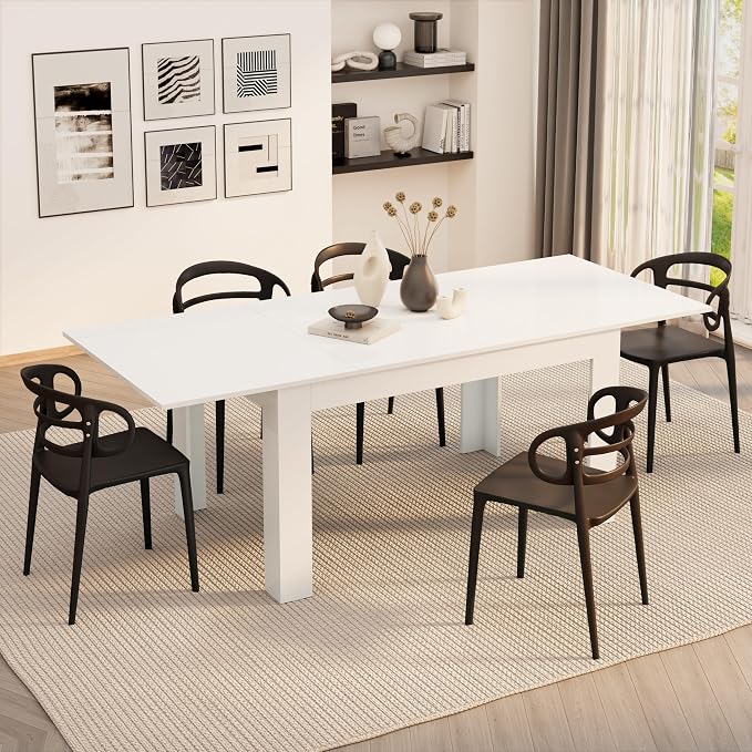 Mobili Fiver, Easy, Extendable Dining Table, 55.1(86.6) x35.4 in, High Gloss White, for 6-8 People, Expandable Dining Table for Kitchen, Italian Furniture