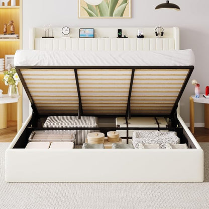 Allewie King Size Lift Up Storage Bed Frame,Storage Shelf Headboard with Charging Station,Type-C and USB Ports,Hydraulic Support,Velvet Upholstered Bed Frame,No Box Spring Needed,Cream