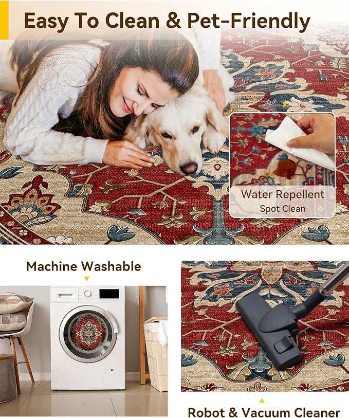 RELEANY Area Rugs Round 4ft Washable Non-Slip, Floral Vintage Distress Medallion Carpet for Living Room Bedroom Dining Room, Red Blue