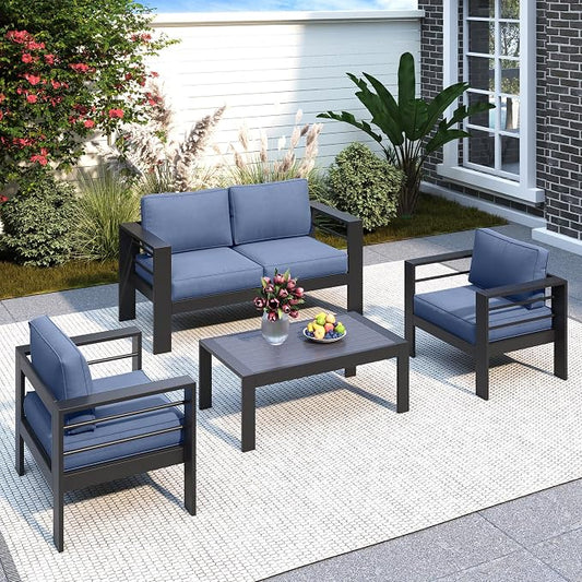 Solaste Aluminum Patio Furniture Set for All Weather, Oversized Metal Outdoor Furniture Set with 27.5" Deep Seating and 3.2" WIde Armrest, Outdoor Patio Conversation Sets with 10’’ Back Suport Cushion