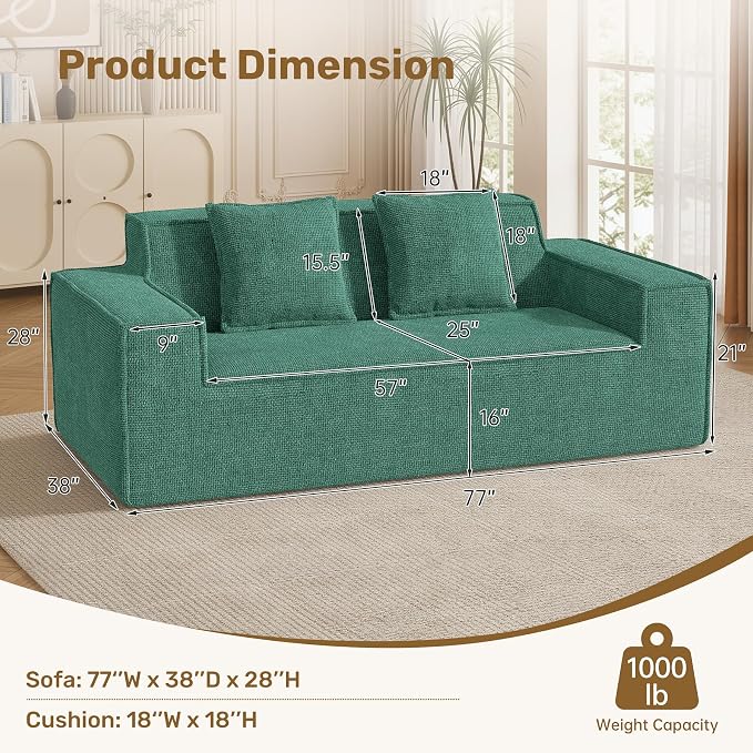 Luxanimarion 77'' Modern Small Loveseat, No Assembly Required Cloud Sofa Cloud Sofa Boneless Couches with 2 pcs Pillows for Living Room, Apartment(Polar Fleece-Green)
