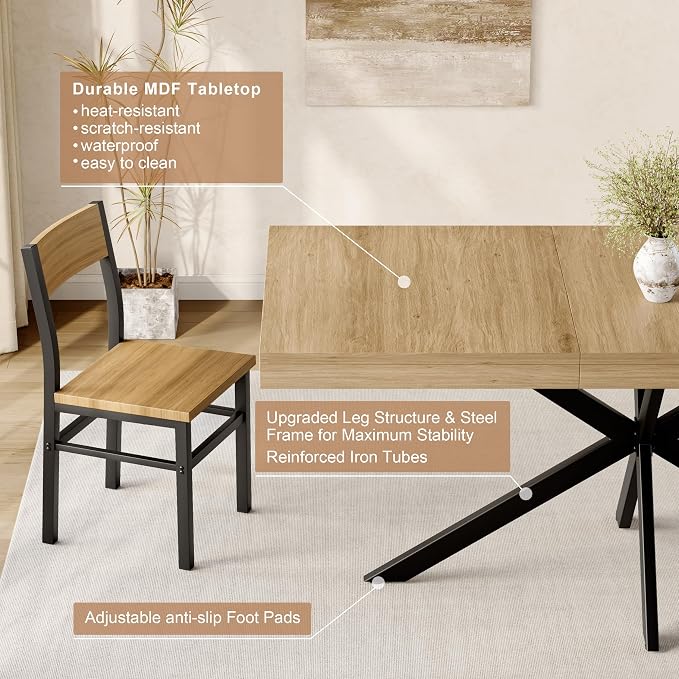 5-Piece Dining Table Set for 4 6 8, Large 55"-70.9" Extendable Dining Room Table Rectangle with Kitchen Chairs of 4, MDF Wood & Metal Frame for Apartment Kitchen Saving Space, Rustic, Farmhouse, Oak