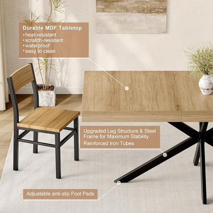 5-Piece Dining Table Set for 4 6 8, Large 55"-70.9" Extendable Dining Room Table Rectangle with Kitchen Chairs of 4, MDF Wood & Metal Frame for Apartment Kitchen Saving Space, Rustic, Farmhouse, Oak