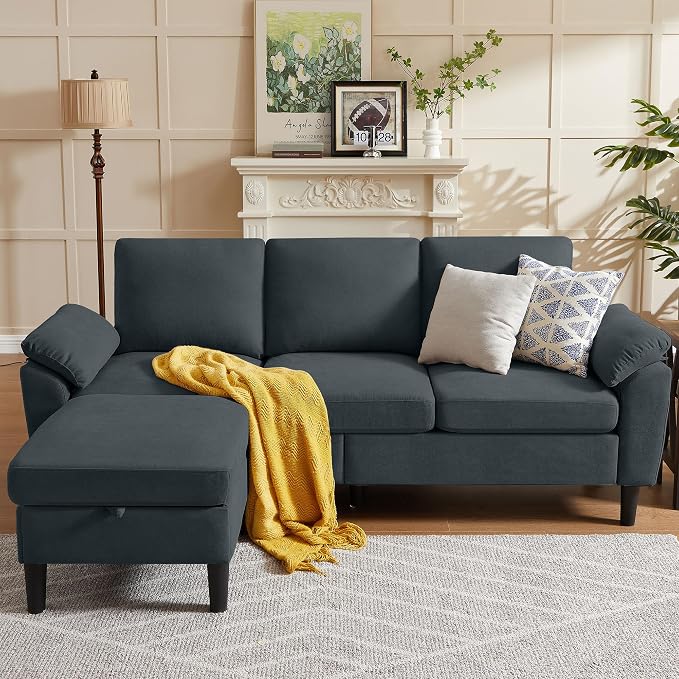 80" Convertible Sectional Sofa, Modern Linen Small L Shaped Couch with Reversible Chaise and Storage Ottoman, 3-Seat Sofa Couches for Living Room, Office, Apartment, Dark Grey
