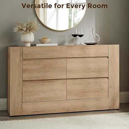 OKD 6 Drawer Dresser for Bedroom, 54" Wide Chest of Drawers with Thick Wood Design, Handleless, Modern Bedroom Dresser, Storage Organizer for Living Room/Entryway/Hallway, Natural Oak