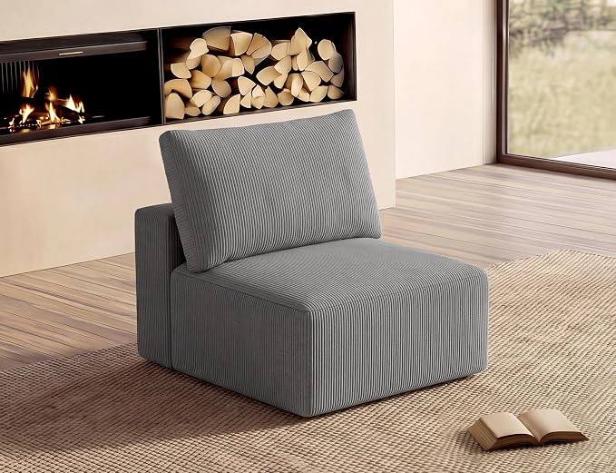 Modular Sectional Sofa Extension, Armless Memory Foam Cloud Chair, 31" Boneless Corduroy Upholstered Single Seat, No Assembly Required Accent Chair for Living Room Apartment Home Decor, Grey