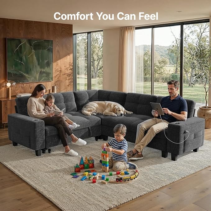 AMADA HOMEFURNISHING 85″ Modular Sectional Sleeper Sofa with Pull Out Couch, U Shaped 5 Seat Sectional Sofa with Storage, USB Ports & Cup Holders, Chenille Cloud Couches for Living Room, Dark Grey