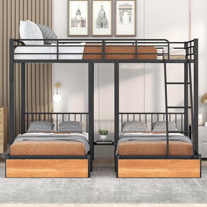 Full Over Twin & Twin Bunk Bed, Heavy Duty Metal Triple Bunk Bed with Drawers and Guardrails, Can be Divided into 3 Separate Beds, Triple Bunk Bed Frame for Kids Teens Aldults (Black + Metal)