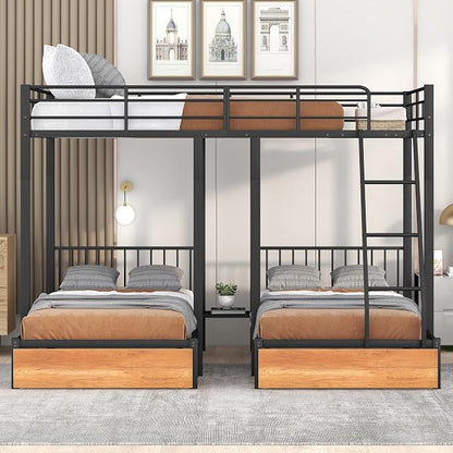 Full Over Twin & Twin Bunk Bed, Heavy Duty Metal Triple Bunk Bed with Drawers and Guardrails, Can be Divided into 3 Separate Beds, Triple Bunk Bed Frame for Kids Teens Aldults (Black + Metal)