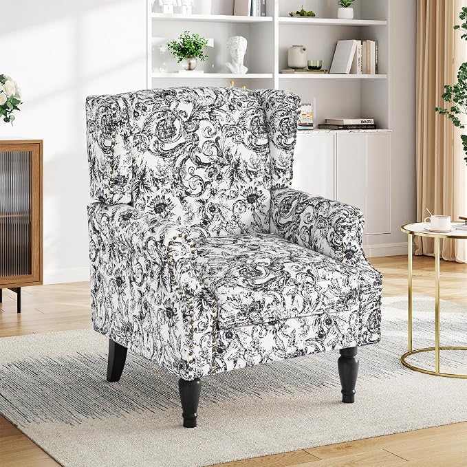 Pia Ricco High Back Floral Accent Chair - Retro Wingback Upholstered Armchair with Nailhead Trim, Solid Wood Legs, Fabric Living Room Bedroom Reading Chair (Rococo Black)