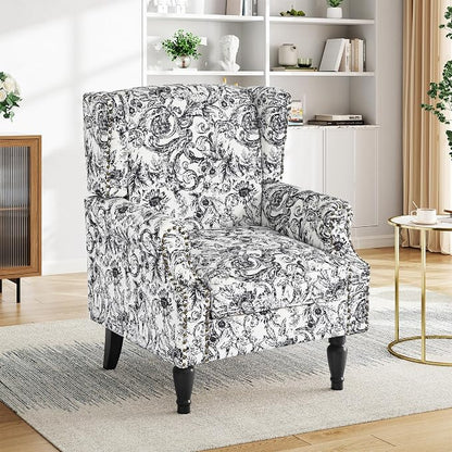 Pia Ricco High Back Floral Accent Chair - Retro Wingback Upholstered Armchair with Nailhead Trim, Solid Wood Legs, Fabric Living Room Bedroom Reading Chair (Rococo Black)