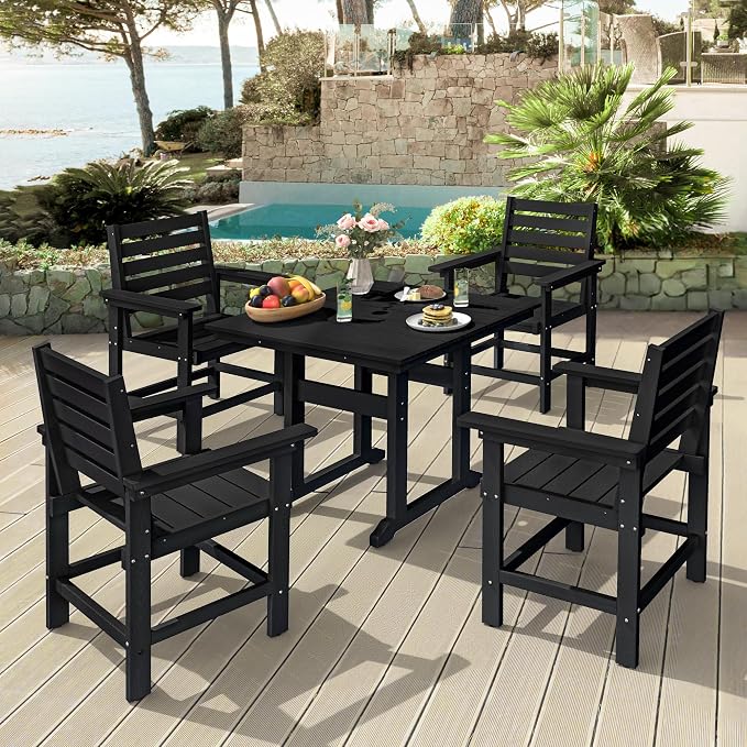 5 Piece Patio Dining Set, 35" Square HDPE Weather Resistant Outdoor Table & 4 Patio Chairs Set with 1.96" Umbrella Hole, Heavy Duty for Small Space Backyard Balcony, Black