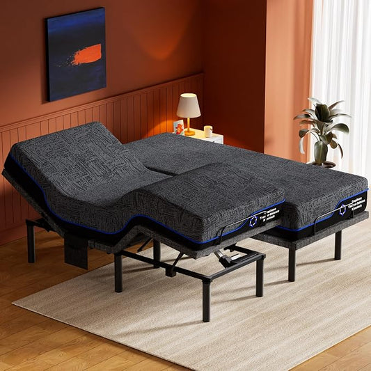 Amada Split King Adjustable Bed Frame and 14 Inch Cooling Gel Memory Foam Mattress Set, Head & Foot Incline, Wireless Remote, USB Ports, LED Night Light, Medium Firm Support