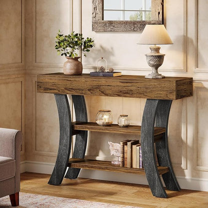 Tribesigns 41" Small Console Table for Entryway, 3-Tier Narrow Rustic Sofa Table with Storage Shelves and Curved Frame for Living Room, Entry, Hallway, Foyer (Brown & Grey)
