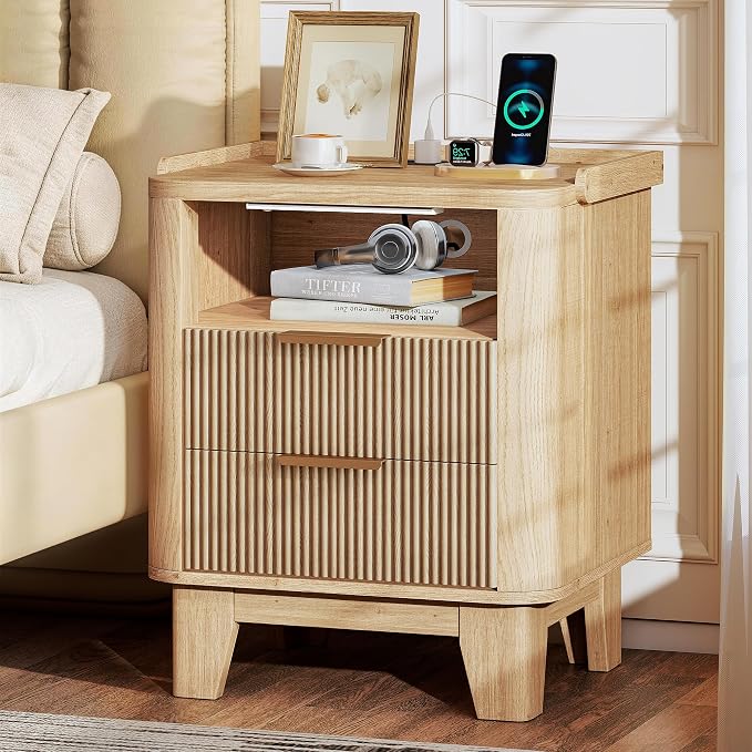 Baoz Fluted Nightstand with Charging Station & 2 Drawers, Natural Oak | 20" Wide Mid Century Modern Bedside Table with Light Wood Curved Profile 27in Tall LED Night Stand for Bedroom
