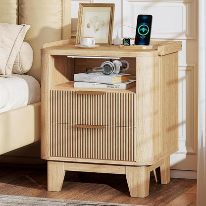 Baoz Fluted Nightstand with Charging Station & 2 Drawers, Natural Oak | 20" Wide Mid Century Modern Bedside Table with Light Wood Curved Profile 27in Tall LED Night Stand for Bedroom