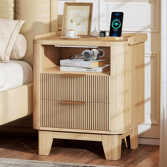 Baoz Fluted Nightstand with Charging Station & 2 Drawers, Natural Oak | 20" Wide Mid Century Modern Bedside Table with Light Wood Curved Profile 27in Tall LED Night Stand for Bedroom