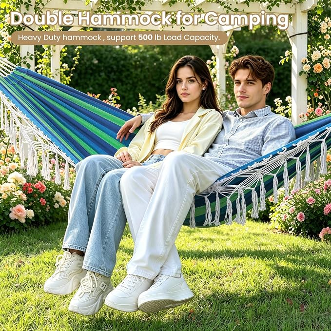 Bellzacasa Brazilian Double Camping Hammock, Portable Hammock Heavy Duty 500 lb Load Capacity Tassels and Fishtail Knitting with Carry Bag & Tree Straps for Patio Balcony Backyard, Blue Stripes