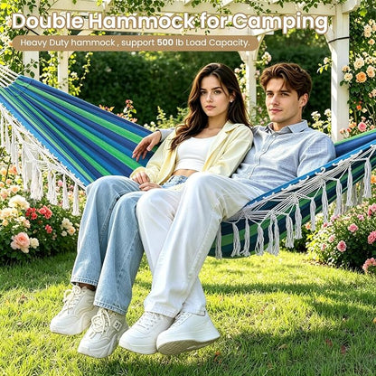 Bellzacasa Brazilian Double Camping Hammock, Portable Hammock Heavy Duty 500 lb Load Capacity Tassels and Fishtail Knitting with Carry Bag & Tree Straps for Patio Balcony Backyard, Blue Stripes