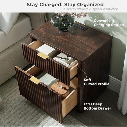 T4TREAM 23'' Fluted Nightstand Set of 2 with Charging Station, Large 2 Drawer Side Table, Modern End Table with Storage, Mid Century Bedside Table for Bedroom, Living Room, Curved Profile, Dark Walnut